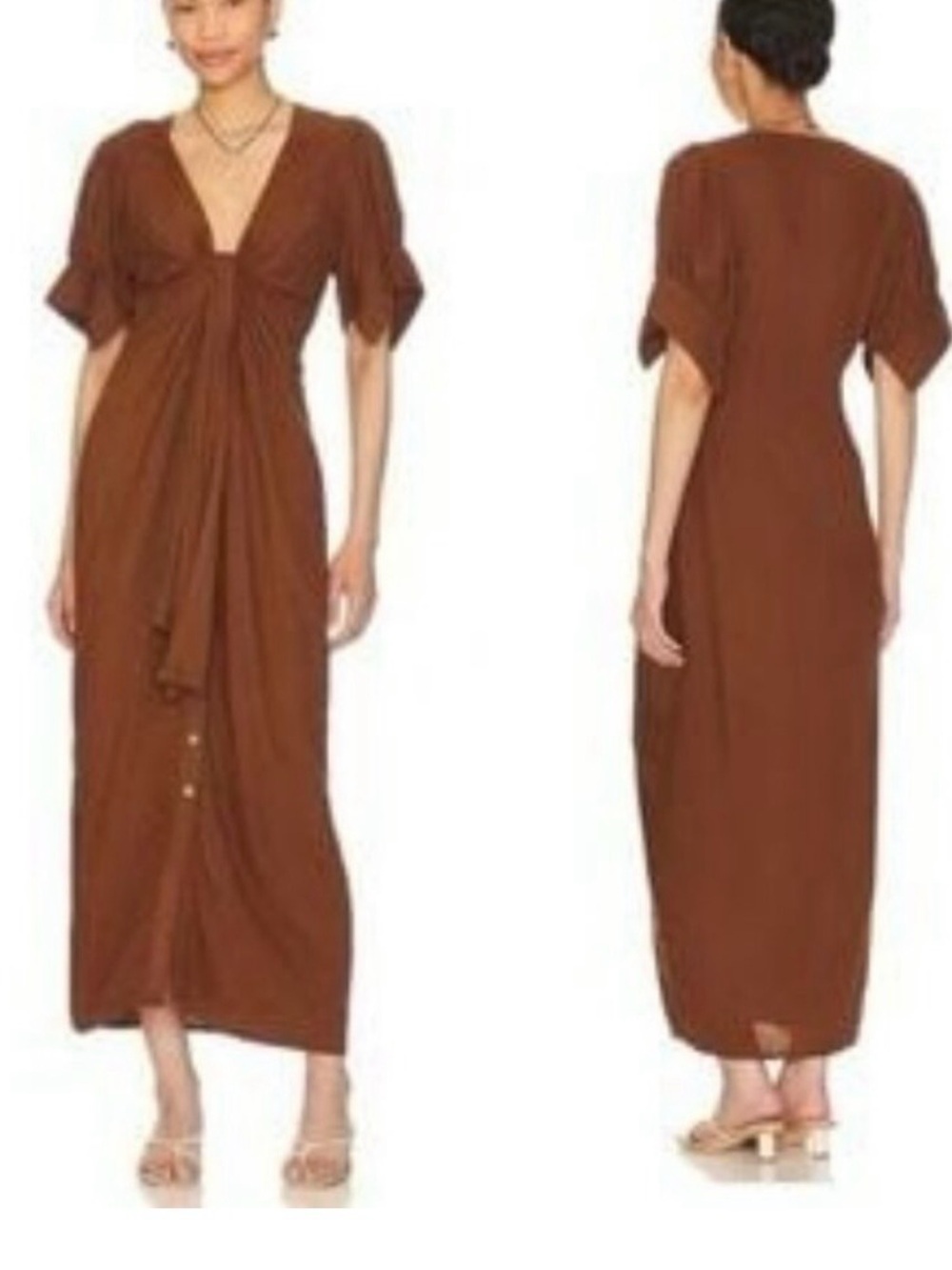Free People Brown V-Neck Tie-Front Maxi Dress